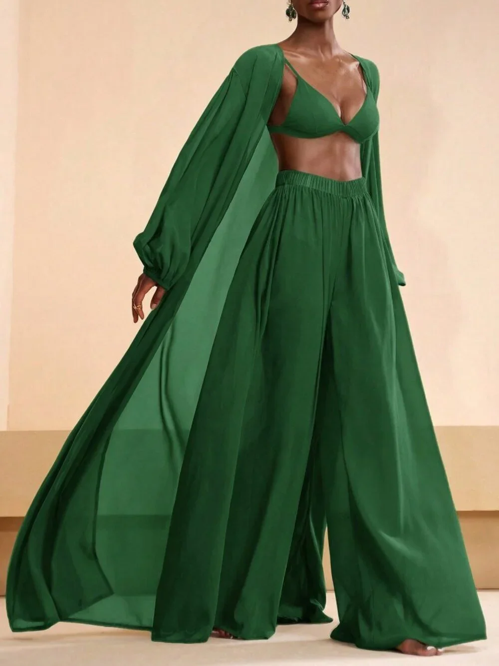 Green Women's Pleated Robe And Wide Leg Pants Set